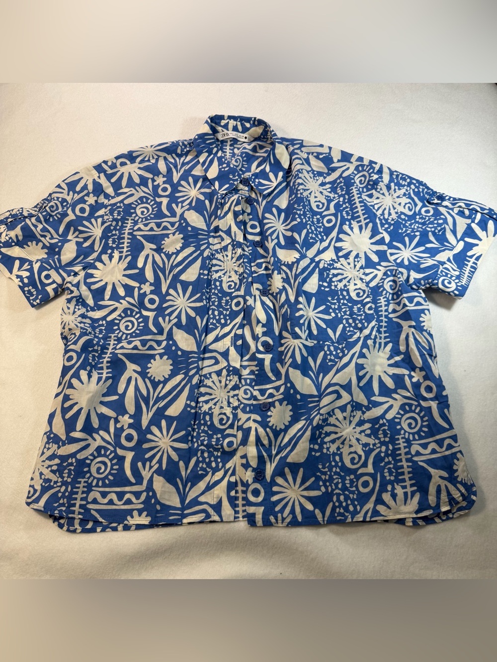 Zara Blue White Floral Cotton Button Up Shirt Size L